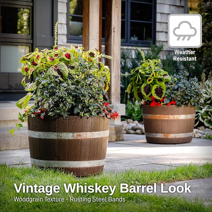 RTS Home Accents Better Barrel Heavy Duty 24” Planter with Rusting Steel Bands, Walnut Color