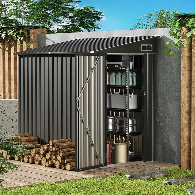 4x6 Lean to Yard Storage Shed, Outdoor Lean to Storage Sheds, Metal Wall Side Bike Shed with Lockable Door for Garden, Backyard, Patio, Lawn (Black, 4x6FT) by Unknown