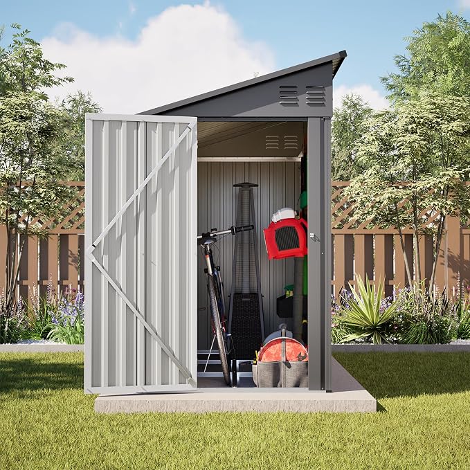 YOPTO 4×8 FT Lean to Metal Shed,Outdoor Heavy-Duty Storage Shed with Floor Base,All Weather Waterproof Garden Tool House W/Lockable Door&2 Air Vents,Reversible Door Design,for Backyard,Patio,Lawn,Gray - Image 3