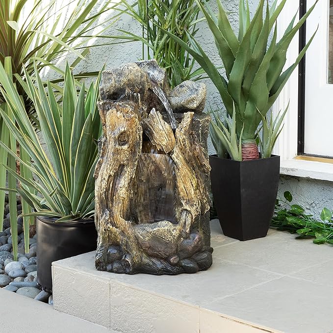 Alpine Corporation WIN270S Indoor/Outdoor Floor Rainforest Fountain with LED Lights, Tree Trunk Waterfall Fountain 22", Brown