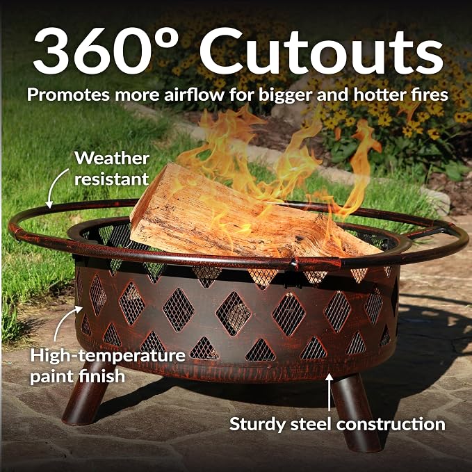 Sunnydaze Crossweave Outdoor Fire Pit - Wood-Burning Fire Pit for Outside with Spark Screen, Poker and Round Cover - 30-Inch - Bronze - Image 4