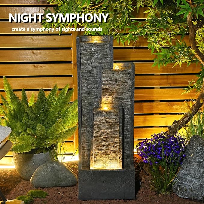 Indoor Water Fountain 39.3” H Modern Cascading Floor - Standing Fountan Contemporary Curves Watefalls for Porch, Office, House, Garden, Patio