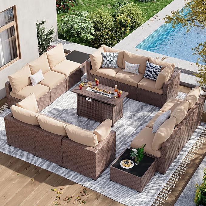 Aoxun 15 Piece Patio Furniture Set with 44” Fire Pit Table, Wicker Rattan Patio Sectional Sofa, Outdoor Furniture Set with Thickened Cushion, Light Gray