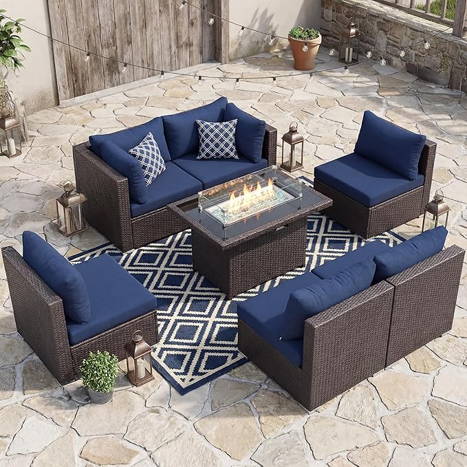 BULEXYARD 7-Piece Outdoor Patio Furniture Set with Propane/Natural Gas Fire Pit Table, Modular High-Back Sectional Couch Sofa, All-Weather Heavy Duty Backyard Seating, Brown Rattan & Navy Blue Cushion