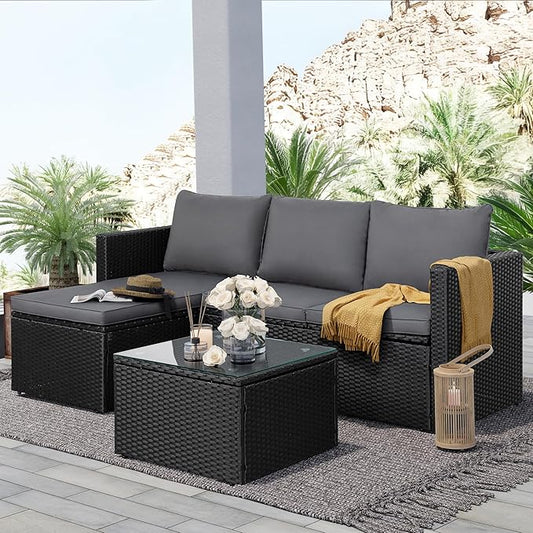 SUNLEI 3-Piece Patio Sectional Sofa, Outdoor PE Rattan Patio Conversation Sofa Set with Detachable Soft Cushions, Patio Furniture Set with Glass Coffee Table & Ottoman, Black Rattan/Grey