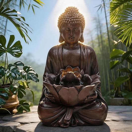 Zen Buddha Water Fountain Outdoor, 19" H Handcrafted Buddha Statue Water Feature with Soothing Waterfalls & Lights, Peaceful Oasis for Garden Patio Yard Deck Living Room Floor Tabletop Decor