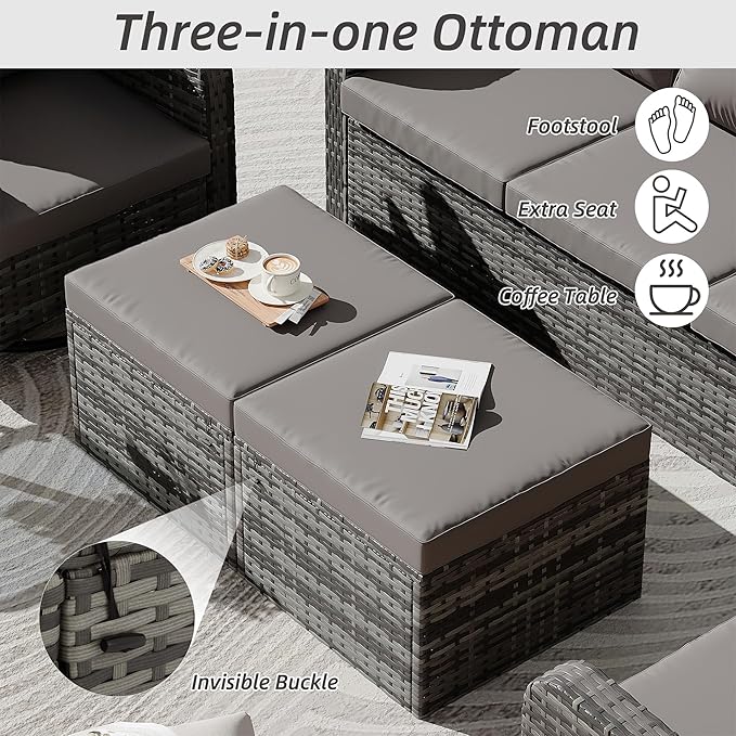 HOMREST 5 Piece Outdoor Patio Furniture Set-360 Wicker Swivel Chairs Set of 2 w/ 2 Ottoman, Coffee Table & Cushions Patio Bistro Set for Garden, Balcony (Grey)