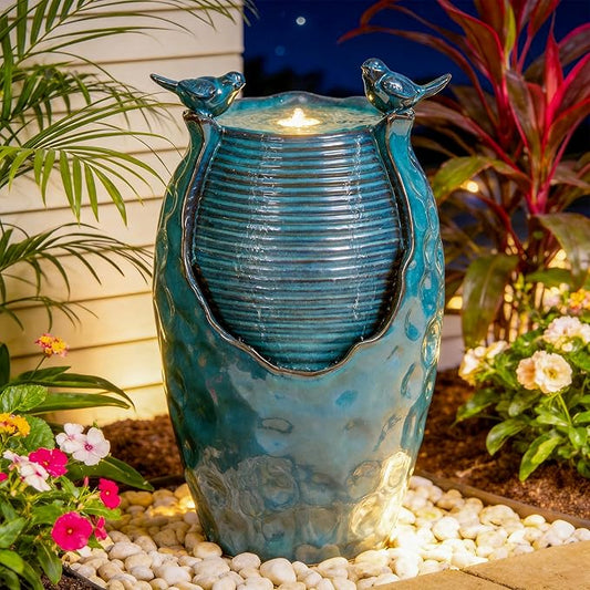 24.8" H Ceramic Jar Outdoor Water Fountain with LED Lights & Bird Accents, Elegant Turquoise Glaze with Bubble-Like Texture, Decorative Garden Water Feature