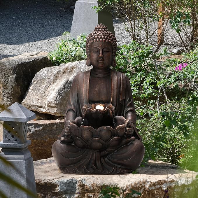 Glitzhome 24" H Zen Style Meditating Buddha Water Fountain Statue with Pump and LED Light, 2 Tier Waterfalls Resin Indoor Outdoor Floor Fountain for Garden Patio Backyard Decking