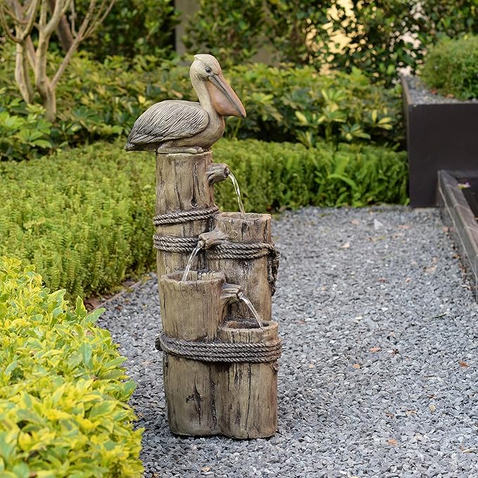 Teamson Home Nautical 3 Tiered Floor Waterfall Fountain with Pelican and Wooden Post, Pump for Outdoor Patio Garden Backyard Decking, 35 Inch Height, Brown
