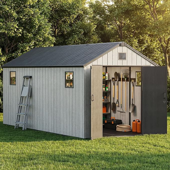 Jocoevol Outdoor Storage Shed, 8x15FT Resin Shed with Floor & Windows, Thickened Heavy Duty All-Weather Garden Tool Shed for Backyard, Patio, Lawn, Gray - Image 9