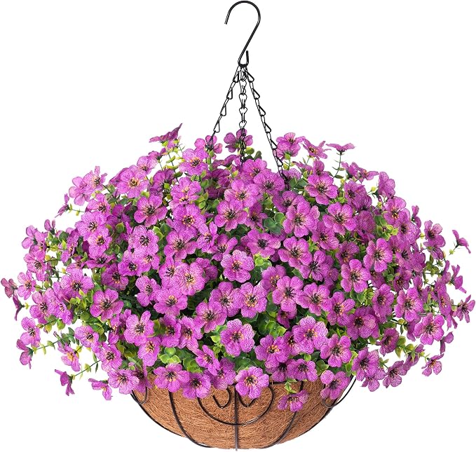 HyeFlora Artificial Fake Hanging Plants Flowers Basket for Outdoor Outside Porch Spring Decoration, Faux Silk Purple Daisy Realistic UV Resistant in Planter for Home Patio Balcony Garden Yard by HyeFloraartificialflowers