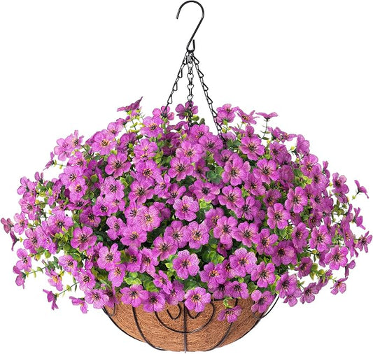 HyeFlora Artificial Fake Hanging Plants Flowers Basket for Outdoor Outside Porch Spring Decoration, Faux Silk Purple Daisy Realistic UV Resistant in Planter for Home Patio Balcony Garden Yard by HyeFloraartificialflowers