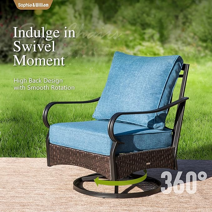 Sophia & William Extra Large Outdoor Patio Swivel Sofa Chairs Set 2 PCS Heavy-Duty Metal Porch Furniture with High Back & Deep Seating Area, 5.5" Thicken Cushions for Deck, Lawn, Outside (Navy)
