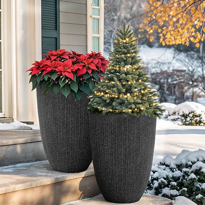 19" Concrete-Style Tall Round Planters for Indoor Outdoor Plants, Set of 2 Decorative Fluted Large Flower Pot, UV-Resistant Top-Tier Resin Planters for Garden Patio Porch Home Office Decor