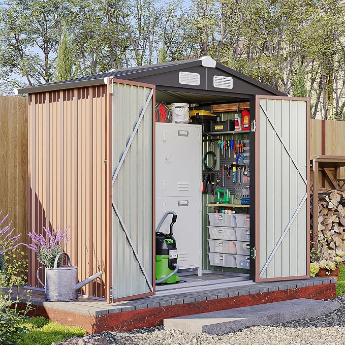 6x4FT Outdoor Storage Shed with Base, Metal Garden Tool Shed with Sloping Roof & Lockable Door for Patio Lawn Backyard (Dark/Base) by Breezestival