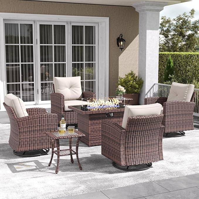 LayinSun 7 Pieces Patio Furniture Set with Swivel Chairs, Rattan Wicker Rocking Glide Chairs with 44" Propane Gas Fire Pit Table Conversation Set