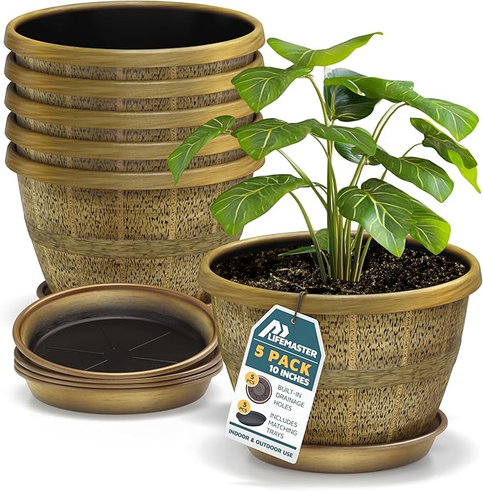 10-Inch Whiskey Barrel Planters Outdoor Pack of 5 - Durable Plastic Plant Pots for Indoor & Outdoor Use with Drainage & Saucer, Lightweight Rustic Barrel Planters for Flowers, Herbs & Small Plants