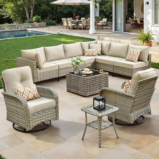 10 Piece Outdoor Patio Furniture with Swivel Rocking Chair, Rattan Wicker Conversation Set with Glowing Coffee Table, Sectional Single Chairs for Porch Balcony Backyard Pool,Beige