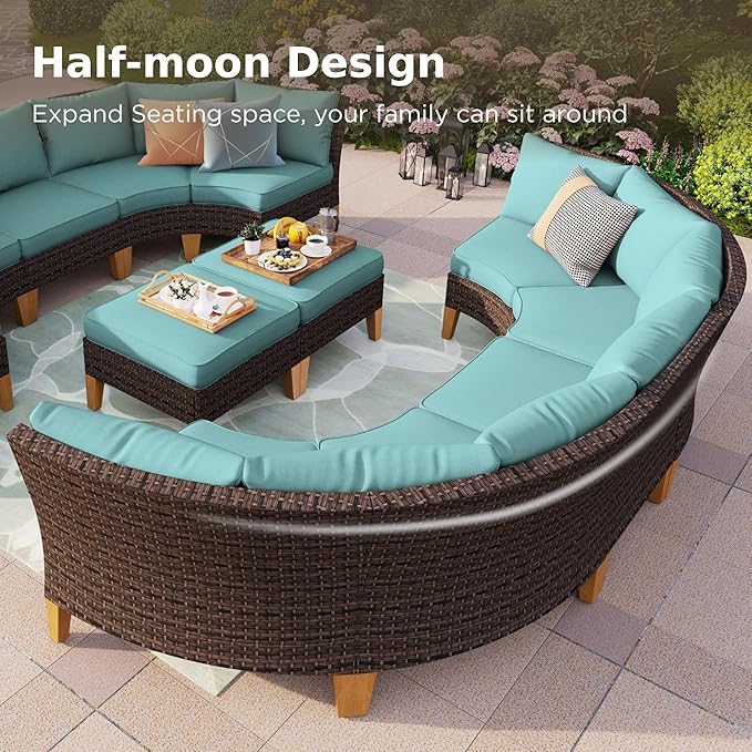 PHI VILLA 7-Piece Wicker Patio Furniture Set, Outdoor Half-Moon Curved Sectional Sofa with Thick Aqua Blue Cushions, 4 Ottomans, Large Conversation Seating for Garden or Backyard
