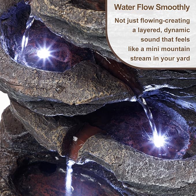 20" Outdoor Water Fountain with Lights, 5-Tiered Cascading Rock Water Fountain, Outdoor Garden Waterfall Decor for Garden, Patio, Courtyard