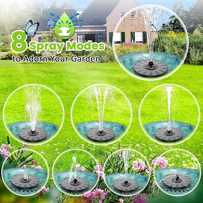 SZMP Solar Fountain 2026 Upgrade, Solar-Powered Bird Bath Fountain with 4 Fixed Rods & 7 Nozzles for Garden, Pond, Pool, and Patio – No Battery Required, Attracts Hummingbirds & Wildlife
