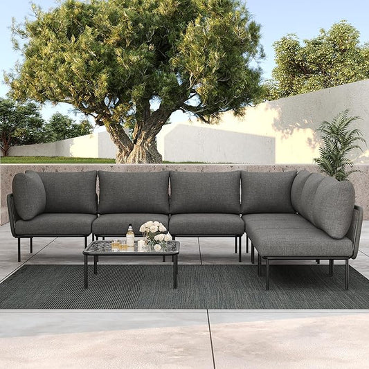 LayinSun 7 Pieces Aluminum Patio Furniture Set, Modern Modular Sectional Sofa with Coffee Table and Upgrade Thickness Cushion