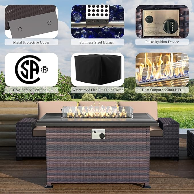13 PCS Outdoor Patio Furniture Set,Outdoor Sectional Furniture with 43" 55000 BTU Gas Propane Fire Pit Table,All Weather PE Rattan Wicker Patio Conversation Set,Sand