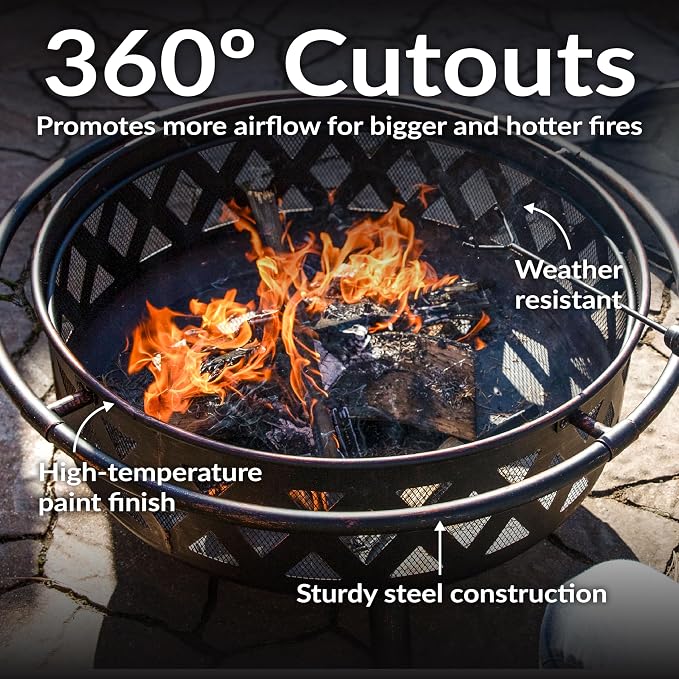 Sunnydaze Crossweave Outdoor Fire Pit - Wood-Burning Fire Pit for Outside with Spark Screen, Poker and Round Cover - 36-Inch - Bronze - Image 4