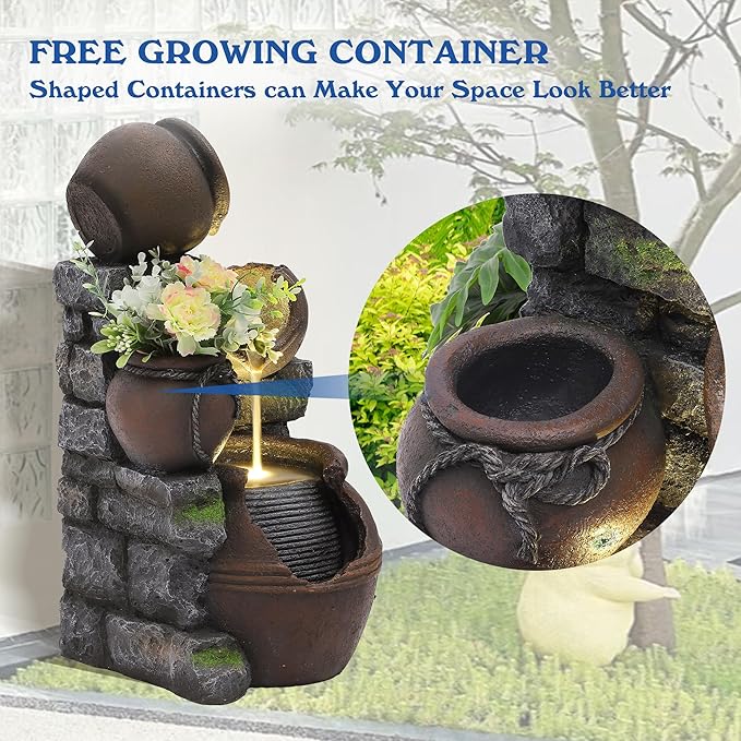 Outdoor Cascading Rock Water Fountain, 4-Tiers Fountains and Waterfalls with LED Lights, Indoor Freestanding Resin Waterfall Feature w/Pump for Patio, Garden, Backyard, Deck, Porch, Home Decor