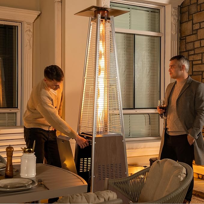 Nuu Garden Pyramid Propane Patio Heater 48,000 BTU with Wheels, Outdoor Glass Tube Heating Tower for Deck, Porch, Camping, Backyard, Stainless Steel Burner, Wood-Grain Finish