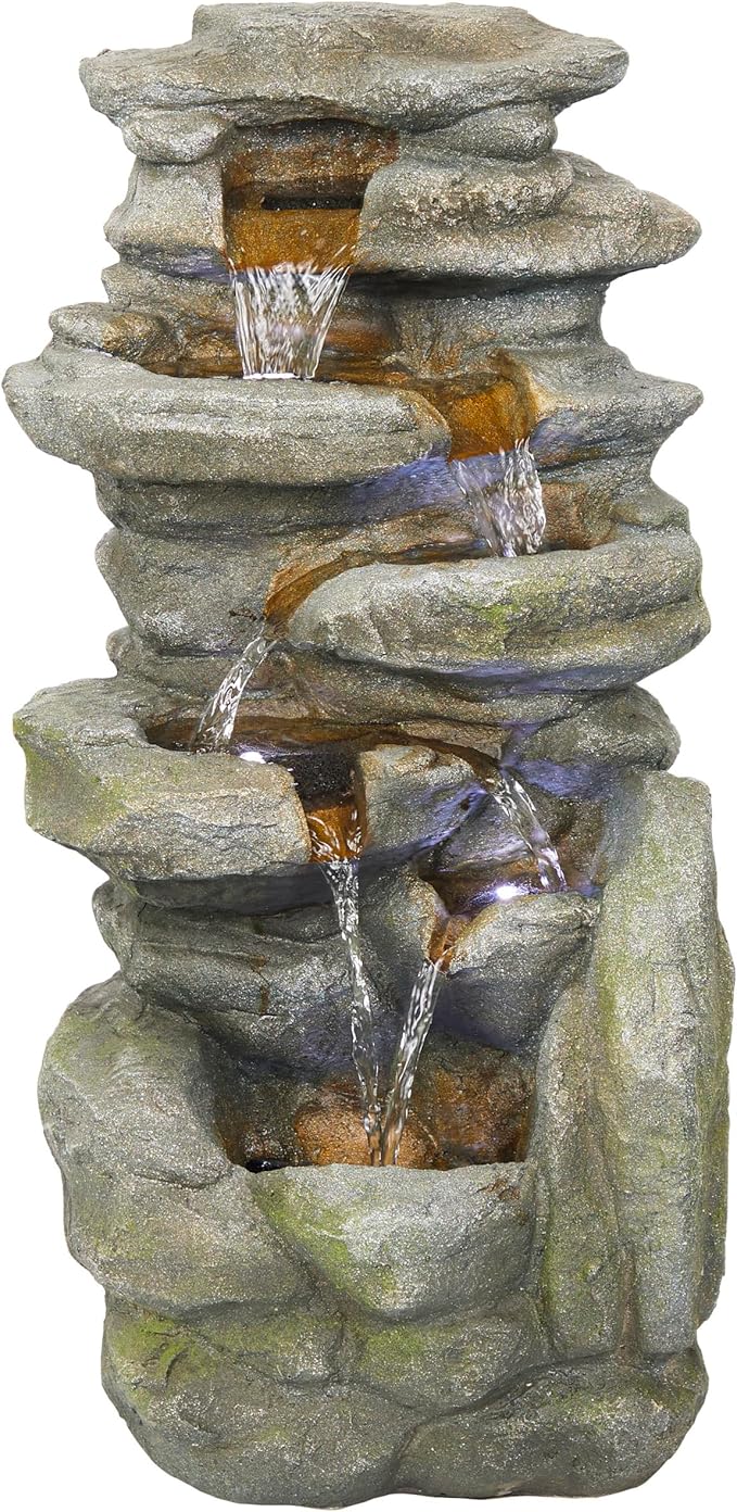 Alpine Corporation 24" H Outdoor Waterfall Floor Fountain with White LED Lights, Gray