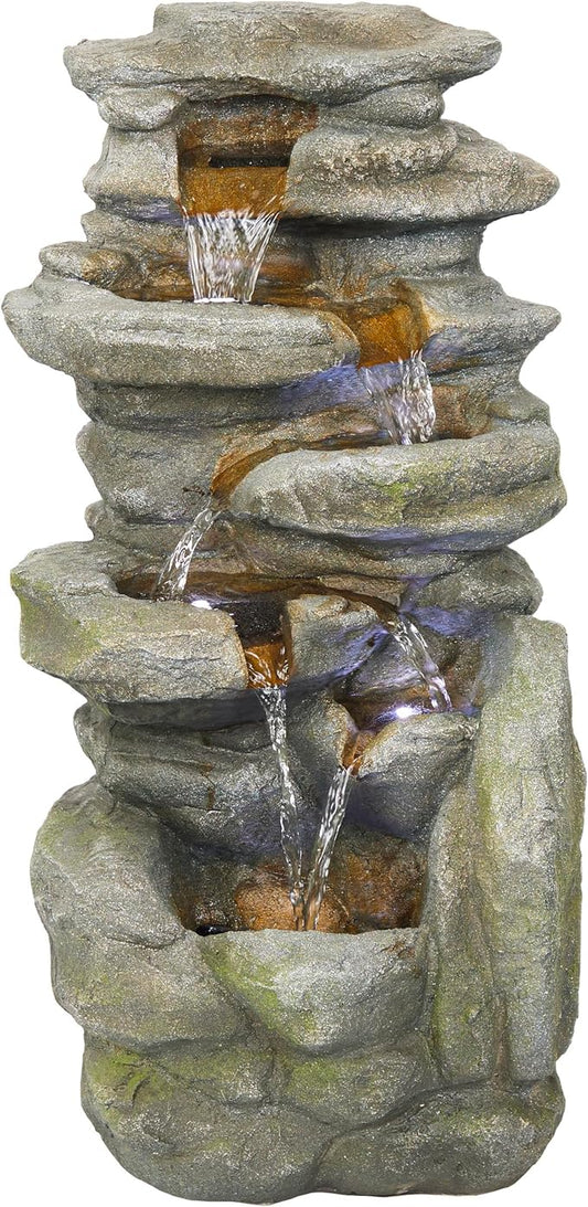 Alpine Corporation 24" H Outdoor Waterfall Floor Fountain with White LED Lights, Gray