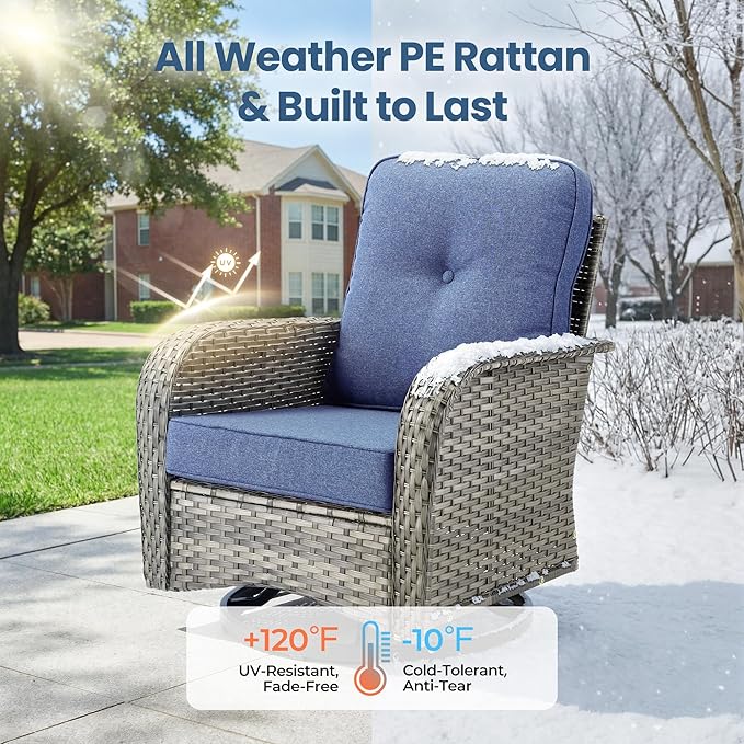 Weaxty 8 Pieces Outdoor Patio Furniture Sets with Swivel Rocking Patio Chairs and Loveseat Sofa,Coffee Table,All Weather Wicker Conversation Set for Deck Backyard Porch Poolside, Denim Blue