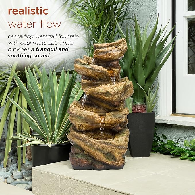 Alpine Corporation TZL226 Outdoor 4 Tier Log Tree Trunk Waterfall Floor Fountain with LED Lights, Tiered Garden Décor, 24" H, Brown