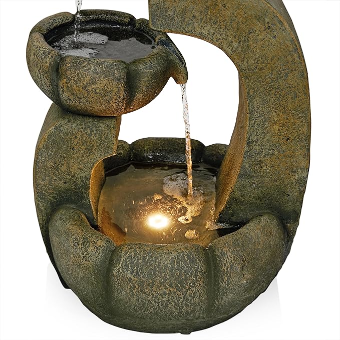Alpine Corporation 32" Tall 2-Layer Pagoda Polystone Fountain with LED Lights, Cascading Waterfall, Outdoor Garden and Patio Water Feature, Zen Decor, Relaxing Sound, Brown