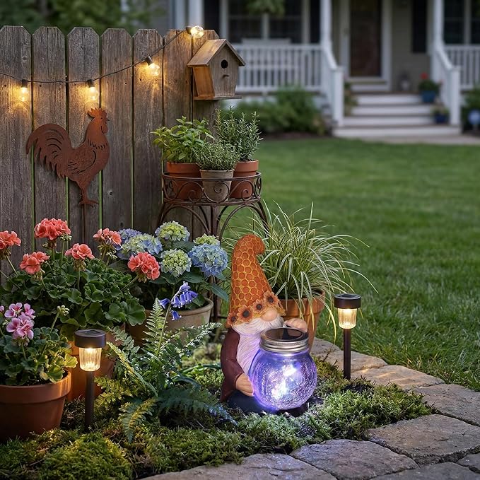 Lyeasw Garden Gnomes Outdoor-Sunflower Gnome Statues with Solar Glass Jar for Yard, Patio, Porch, Lawn Ornaments- Unique Gardening Gifts for Mothers Day, Housewarming