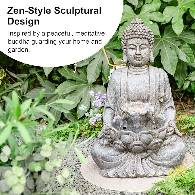 Glitzhome Buddha Fountain Outdoor with Pump & LED Light 23.25" H, 2-Tier Zen Style Concrete Meditating Buddha Statues Water Fountains Floor Fountains Buddhas Sculpture for Garden Patio Backyard