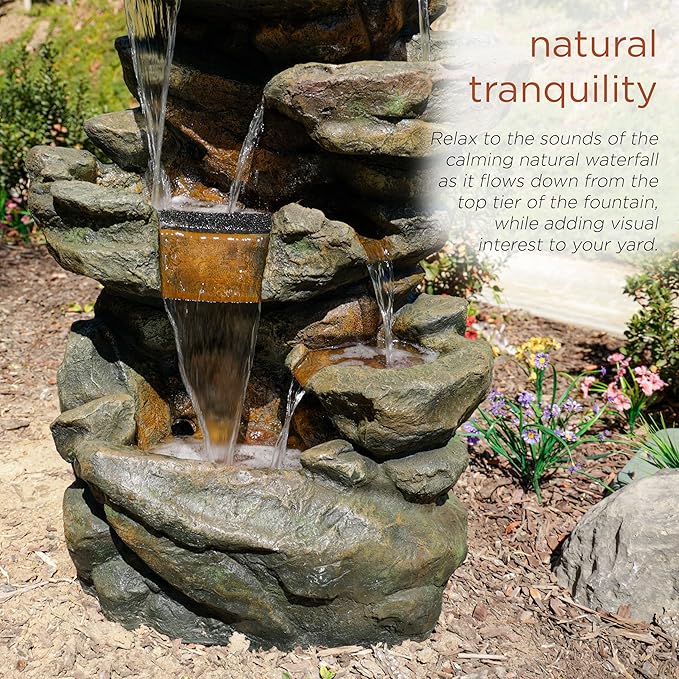 Alpine Corporation 51" Tall 6-Tier Outdoor Rainforest Waterfall Floor Fountain, Weather-Resistant Design with Color-Changing LED Lights & Remote Control, Gray