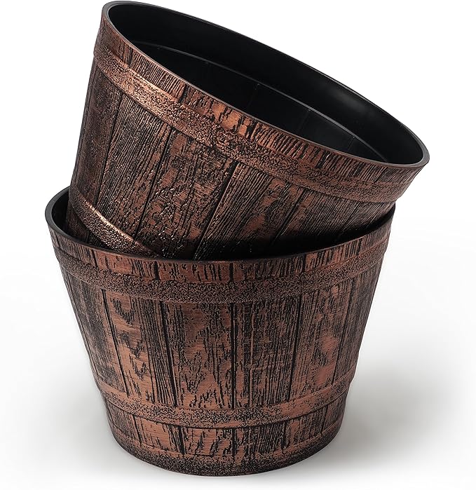 Sapphire Plant Pots Set of 2 Pack 10 inch, Copper Whiskey Barrel Planters with Drainage Holes. Plastic Decoration Flower Pots Imitation Wine Barrel Design (Copper-S)
