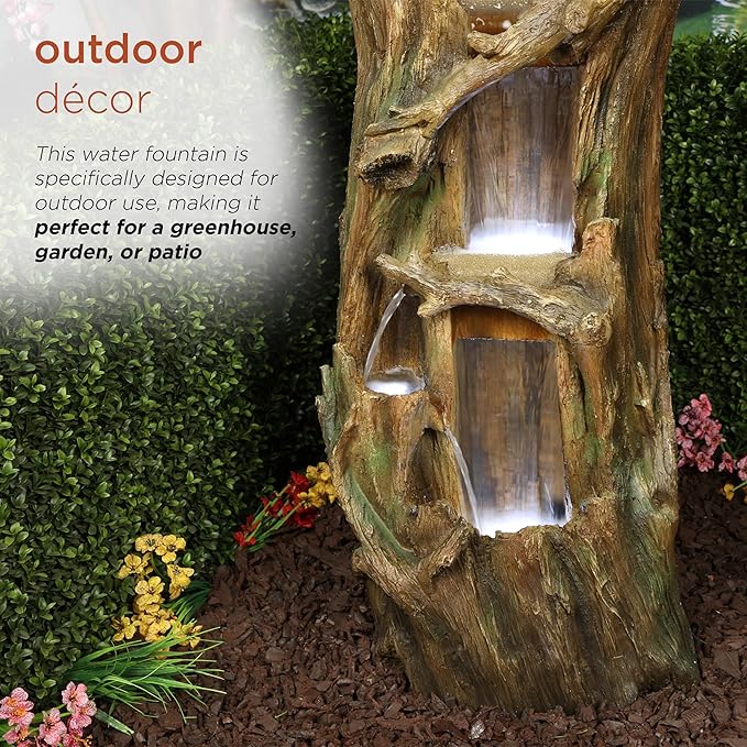 Alpine Corporation TZL346 Outdoor 3 Tier Tree Trunk Floor Fountain with Cool White LED Lights, Tiered Garden Decor, 40" H, Brown
