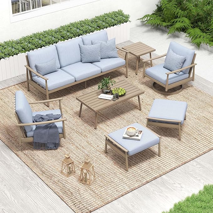 HAPPATIO Patio Outdoor Furniture Set - 7 Pieces Aluminum Outdoor Conversation Set Includes 1 Three-Seater Sofa, 1 Side Table, 1 Coffee Table, 2 Swivel Chairs and 2 Ottomans for Porch, Lawn (Brown)