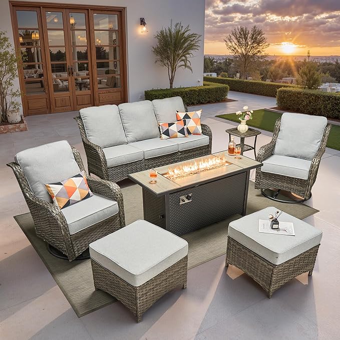 ovios 7-Piece Patio Furniture Set with Swivel Chairs Coffee Table, Outdoor Wicker Sofa with 54" Fire Pit Table, High Back Couch Modern Conversation Sets, Grey/Grey