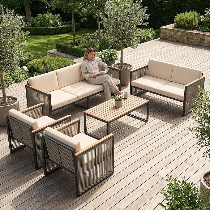 5 Piece Patio Conversation Set for 7, Modular Patio Sofa Couch with Cushions, Rattan Outdoor Patio Furniture Set with Loveseat/Coffee Table, Outdoor Sectional Furniture for Deck/Porch, Beige