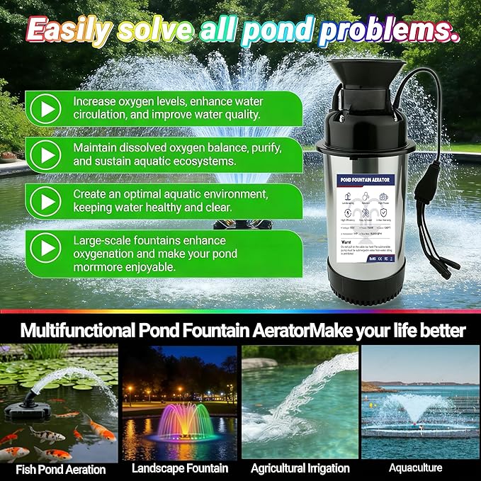 Pond Fountain Aerator with Lights 750W 110V 1 HP with Dynamic RGB Lighting 9 Adjustable Modes Digital Timer | 15,000 GPH 100FT Cord - for Large Ponds Lakes & Outdoor Water Features