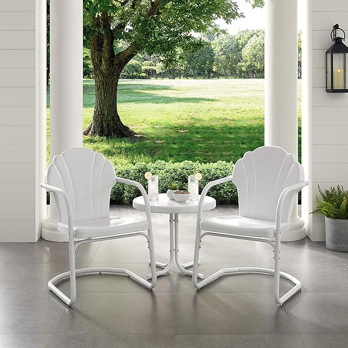 Crosley Furniture Tulip 3-Piece Outdoor Chair and Side Table Set, Retro Metal Patio Conversation Sets, White