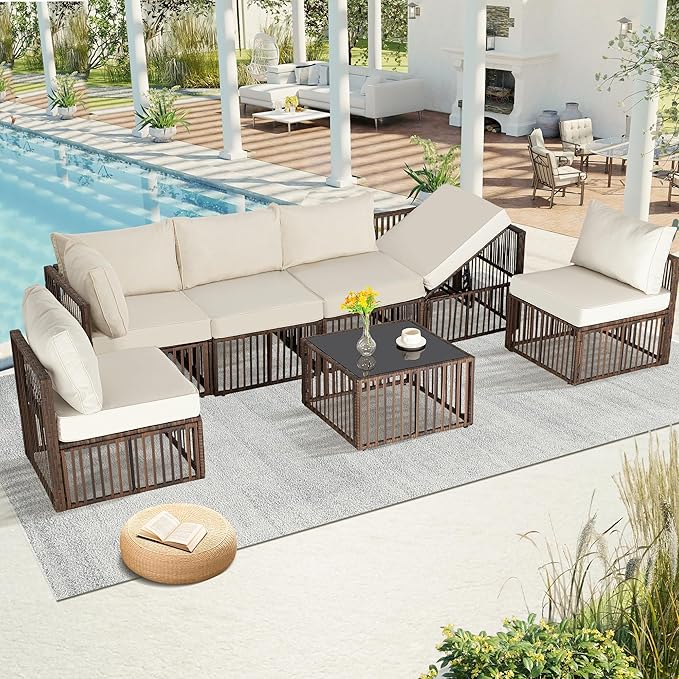 FHFO 7 Pieces Outdoor Patio Furniture Set, Wicker Outdoor Sectional Conversation Couch Set with Adjustable Backrest Sofa, Thick Cushion & Coffee Table for Garden, Porch, Poolside, Brown/Beige