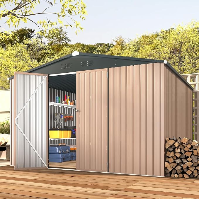 AECOJOY 10'x10' Outdoor Storage Shed, Large Metal Sheds & Outdoor Storage Clearance Steel Yard Shed with Lockable Doors, Utility and Tool Storage Garden Sheds for Barkyard, Patio and Outside Use - Image 8