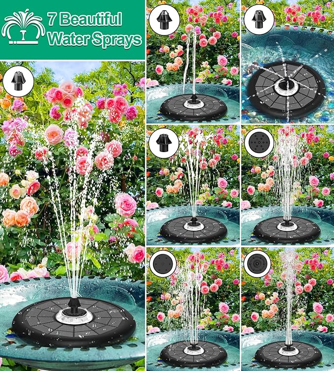 SZMP Solar Fountain Upgraded UFO Colorful Lights, 5W Solar Water Fountain Pump with 7 Nozzles & 4 Fixers, for Bird Bath, Garden, Pool, Outdoor Decor (Multicolor)
