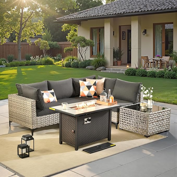 6 Pcs Patio Furniture with Fire Pit Table, Outdoor Rattan Wicker Conversation Set with Glowing Coffee Table, Comfy Sectional Sofa for Porch Balcony Backyard Pool, Black